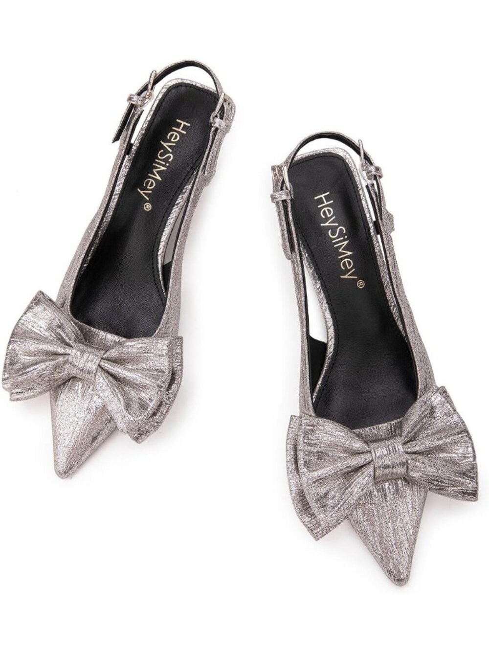 Women’s Silver Bow Pointed Toe Pumps Mid Low Pull-on Slingback Heels
